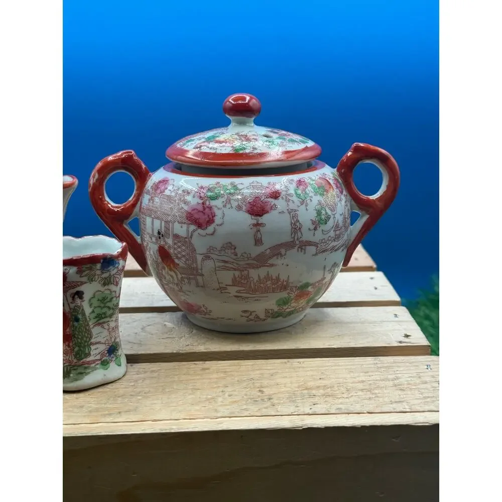 Vintage Kutani Porcelain Miniature Tea Set - Geisha/Garden Motif-3Piece Part Set